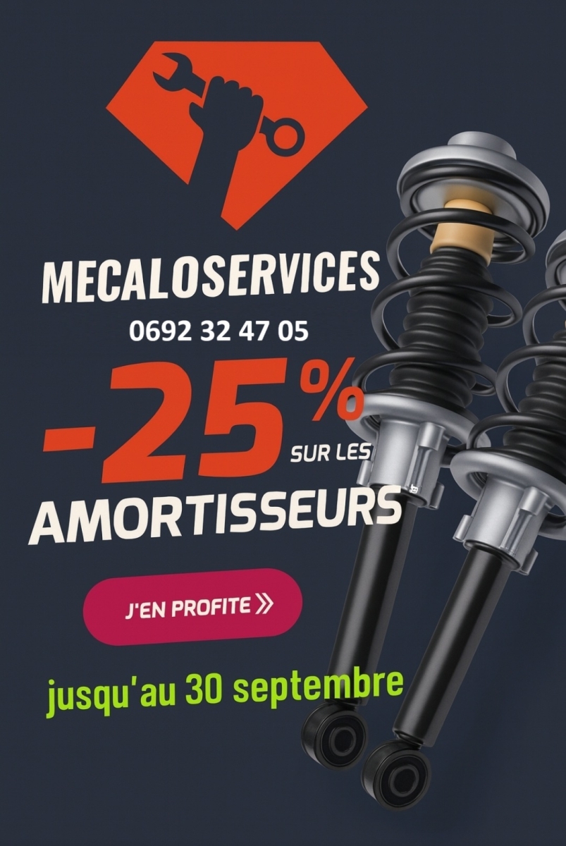 🚗 GARAGE AUTO MECALOSERVICES – PROMO EXCEPTIONNELLE ! 🚗 Vos trajets doivent être confortables… et sécurisés ! Profitez dès maintenant de -20% sur le remplacement de vos amortisseurs.  🔧 Des amortisseurs en bon état = ✔️ Meilleure tenue de route ✔️ Freinage optimisé ✔️ Plus de confort au volant  📅 Offre valable jusqu’au 30 septembre 2025 – Ne laissez pas filer l’occasion ! 📍 Rendez-vous au Garage Auto MECALOSERVICES, votre spécialiste entretien & réparation